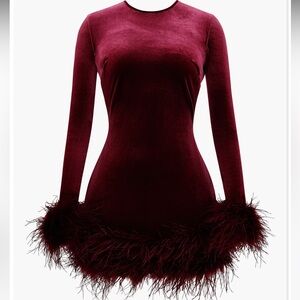 HOUSE OF CB Lavinia Feather Trim Long Sleeve Velvet Body-Con Cocktail Minidress